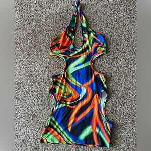 SXY Graphic Print Cut Out Halter Bodycon Dress